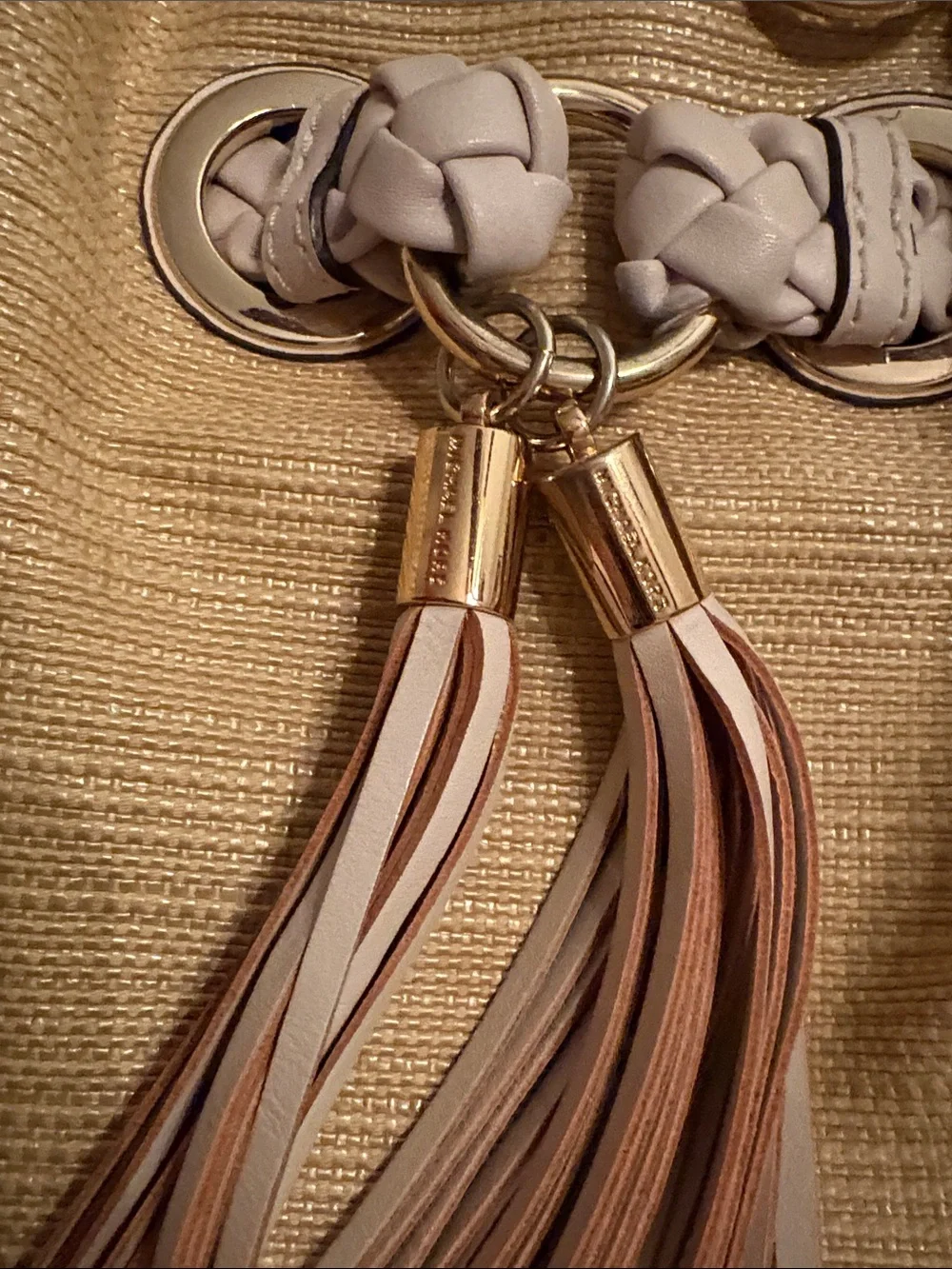 Michael Kors Gold Tote with Cream Braided Handles and Tassel Charm